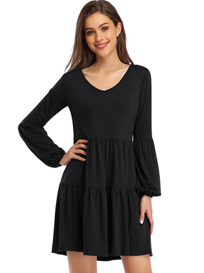 V-Neck Autumn Lantern Long Sleeve Dress