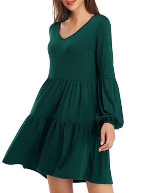 V-Neck Autumn Lantern Long Sleeve Dress