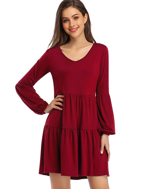 V-Neck Autumn Lantern Long Sleeve Dress