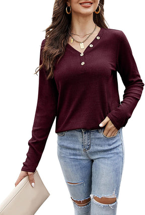 Womens Ribbed Knit Henley Tops