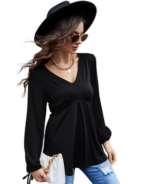 Womens V Neck Casual Long Lantern Sleeve Pullover Tops